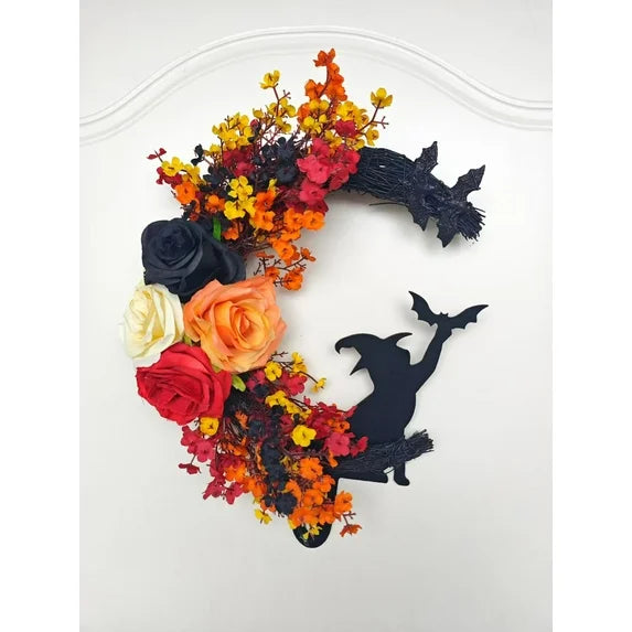 Fall Wreath 16" Halloween Wreaths for Front Door with Witch Cat Moon Decor-Cute Door Wreath Wall Decor for Fall Thanksgiving Halloween