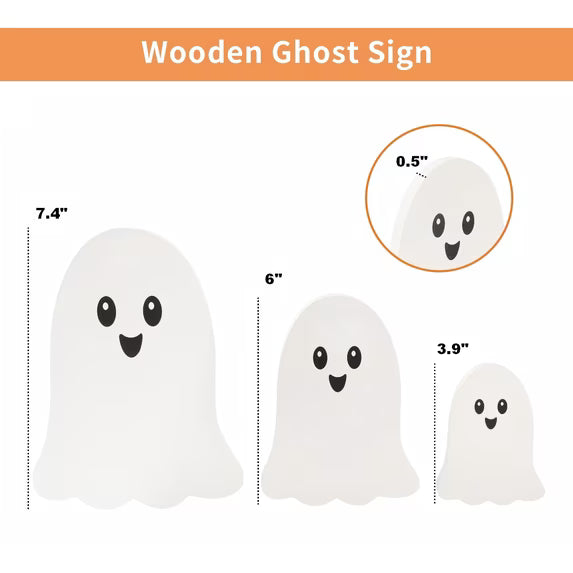 Myecovie Set of 3 Halloween Ghost Tabletop Decor-Cute Wooden Ghost Signs Farmhouse Centerpieces Standing Ghost Figurines for Farmhouse Halloween Indoor Decoration