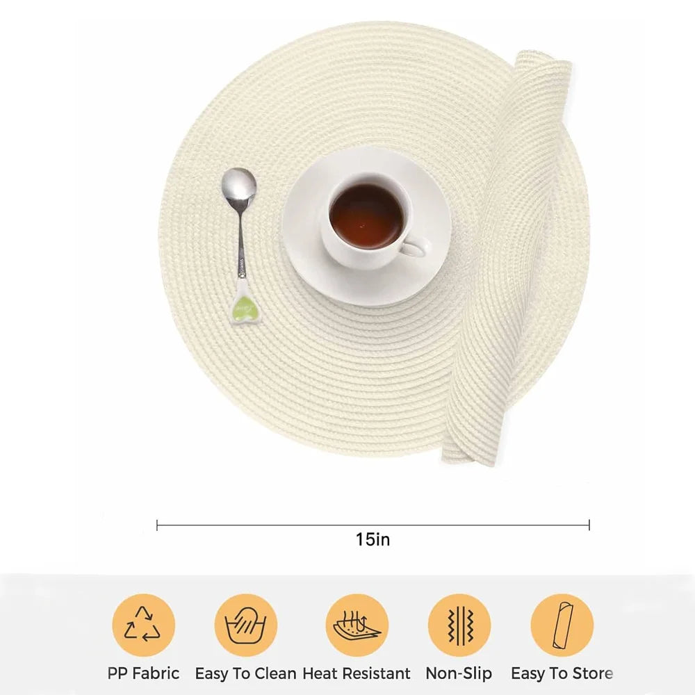 Farship Round Placemats Set of 4, 15 Inches Woven Farmhouse Place Mats Non-Slip Dining Kitchen Table Mats for Dining Room - Off White