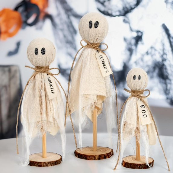 Halloween Tabletop Indoor Decoration Set of 3 Primitive Halloween Ghosts with Wood Stand Table Centerpieces for Halloween