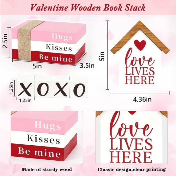 Farship Valentine Tabletop Decoration Valentine Decorations for Home Wood Centerpieces Book Stack with XOXO Blocks for Valentine Freestanding Indoor Party Decor