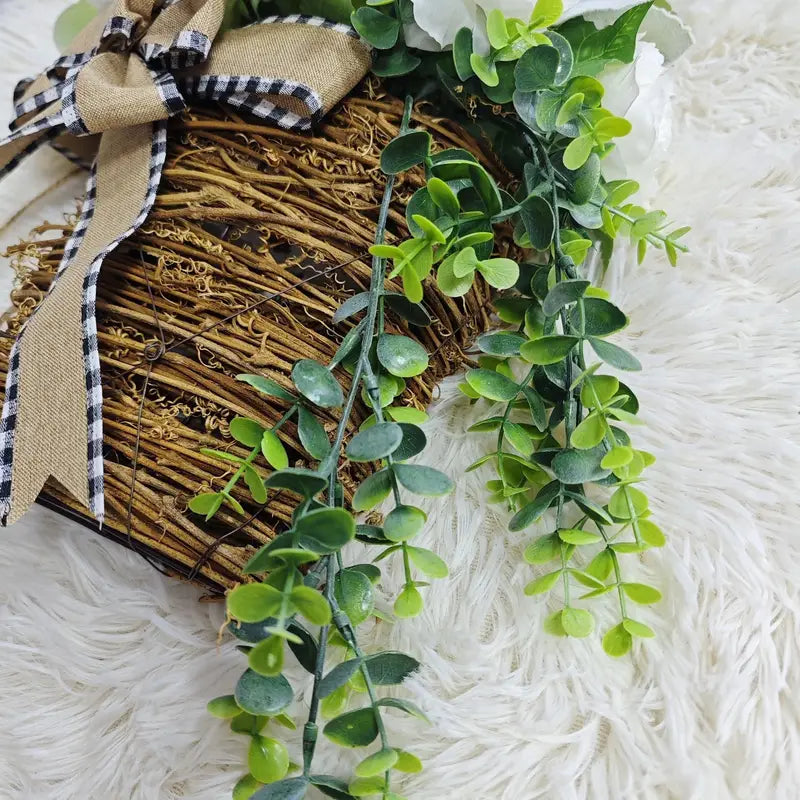 14Inch Spring Wreath Basket Door Basket Artificial Wreath for Spring Summer Home Decor Lamb Ear Peony Wreath Basket for Indoor Outdoor