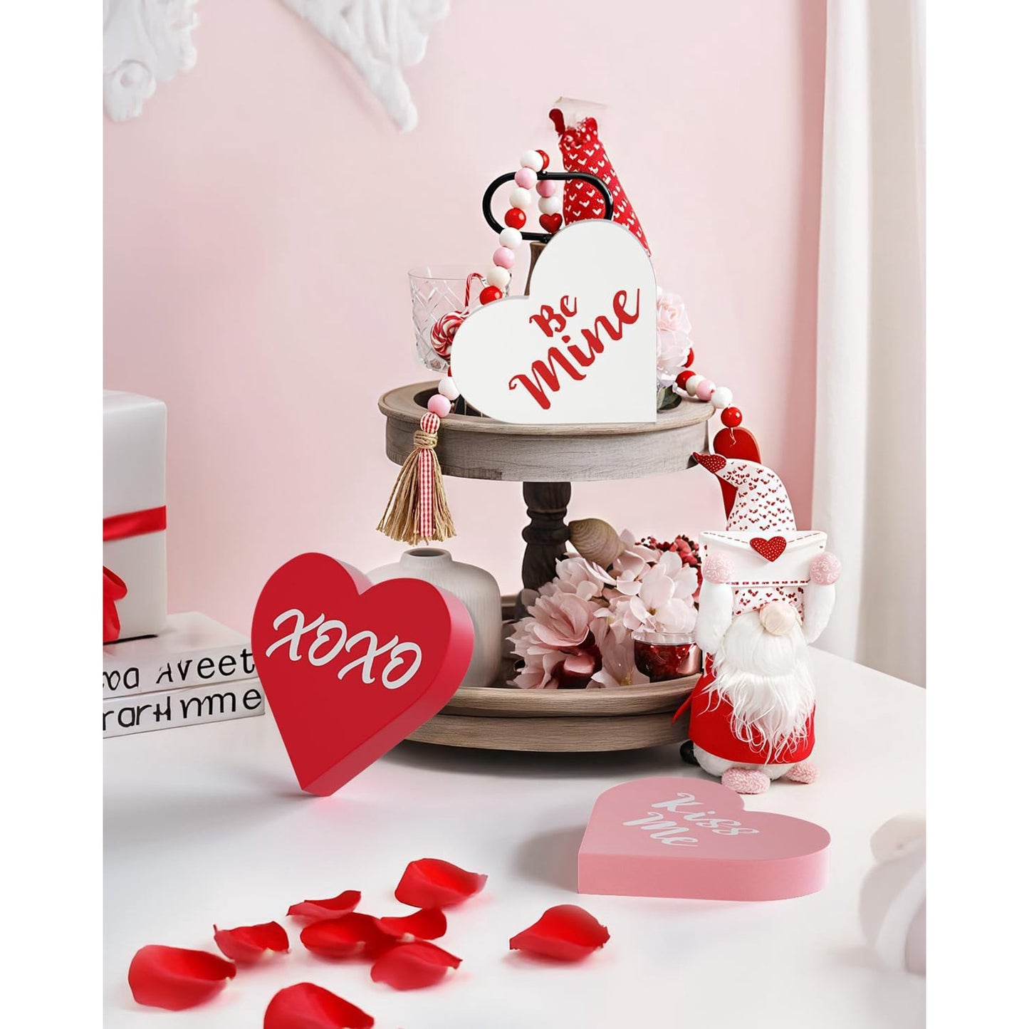 Farship Valentines Day Tabletop Decorations - 3 Pcs Large Wood Heart Shape Centerpiece for Indoor Decorations Heart Decoration for Party and Home