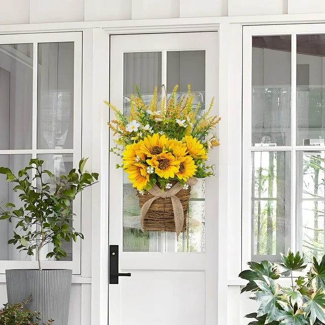 Farship Summer Wreath Sunflower Wreaths Basket 17" Summer Seasonal Decor Indoor Outdoor Wreaths for Front Door with Burlap Bow