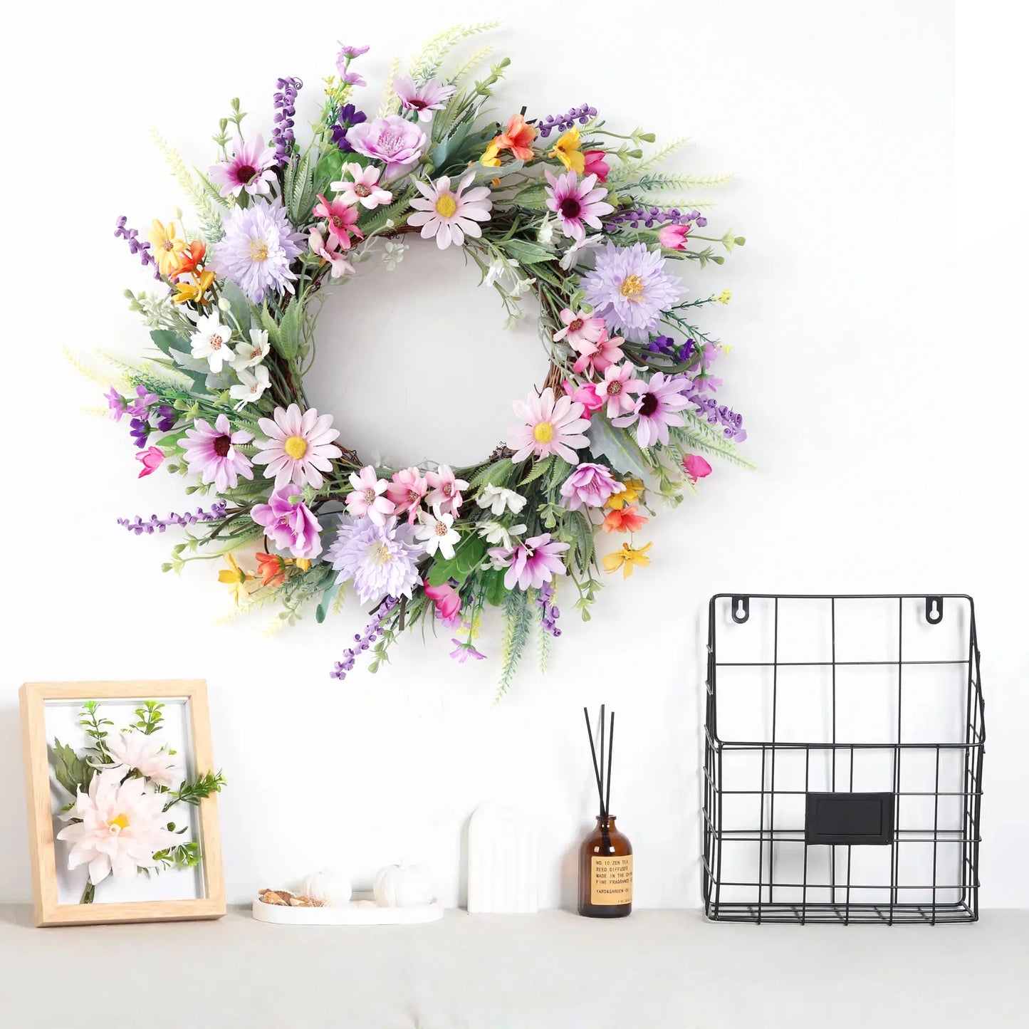 Farship 20 Inches Spring Wreaths for Front Door Wildflowers Wreath Artificial Silk Wreath With Daisy Lavender for Window Indoors Outdoor Decor