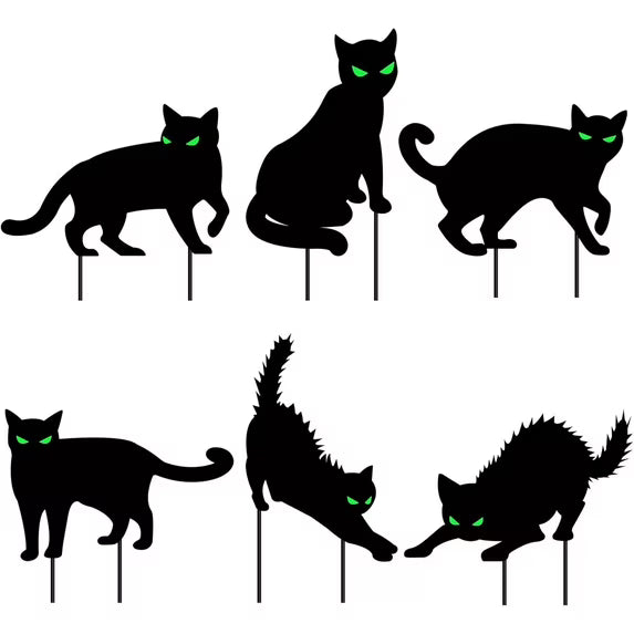 6 PCS Halloween Black Cat Yard Signs with Glow in Dark Eyes, Fall Lawn Sign with Stakes, Halloween Decorations for Outdoor Yard Lawn Garden