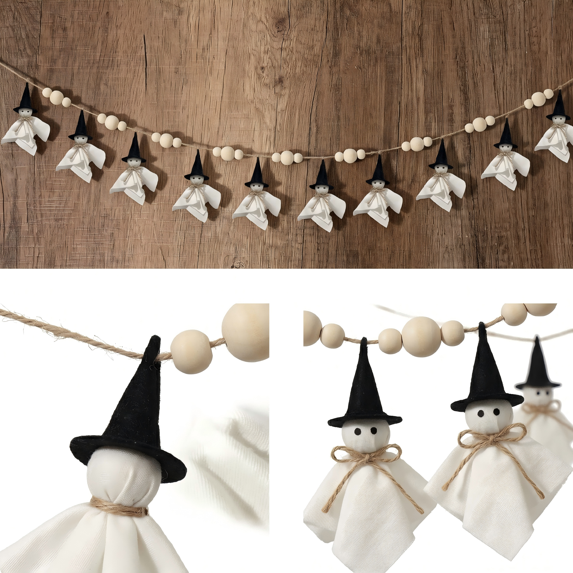 Myecovie 84 Inch Halloween Ghost Banner with Witch Hat, Rustic Wooden Bead Ghost Banner, Halloween Hanging Decor for Fireplace, Mantel, Wall, Party & Home