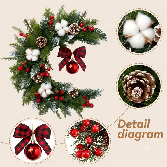 Myecovie 22" Christmas Wreath for Front Door Half Wreaths with Red Berries Flocked Pinecones, Cotton Bolls & Ornament Bow, Artificial Winter Floral Wall Decor for Christmas