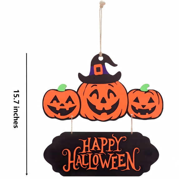 Myecovie Happy Halloween Decoration for Home - 15.7" Halloween Pumpkin Door Sign, ack-o'-Lantern with Witch Hat Wooden Hanging Sign, Farmhouse Halloween Front Door Decoration