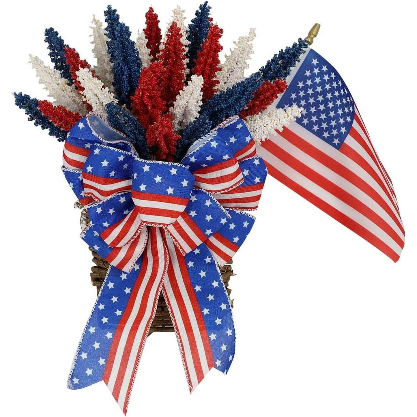 July 4th Patriotic Wreath Basket Front Door Wreath Red White Blue Decorations with Flag