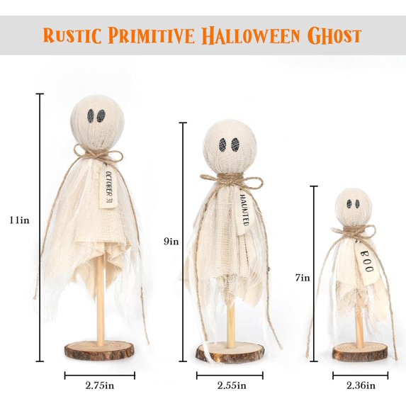 Halloween Tabletop Indoor Decoration Set of 3 Primitive Halloween Ghosts with Wood Stand Table Centerpieces for Halloween
