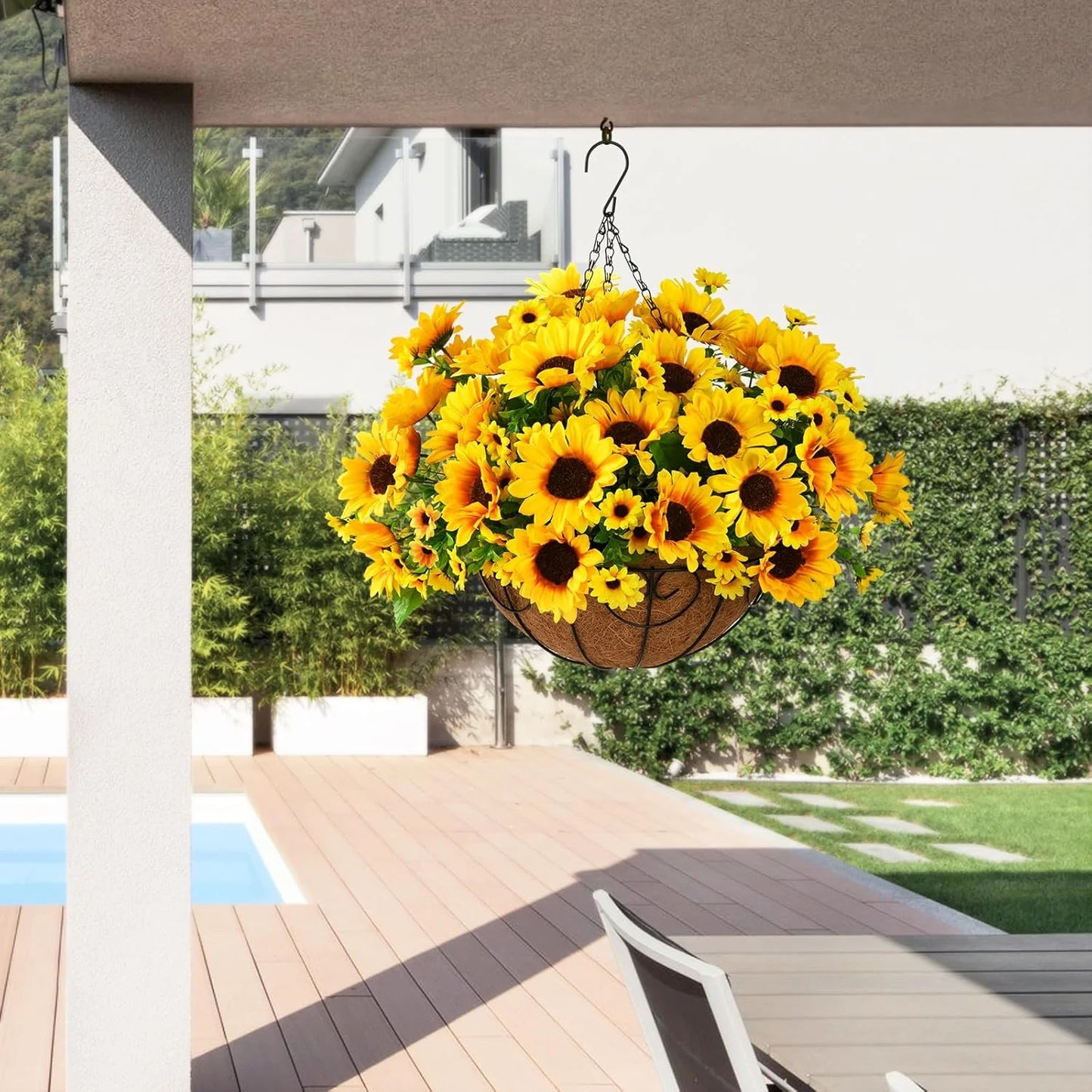 Farship Artificial Sunflowers Basket Fake Hanging Flowers Plants Baskets for Outdoor Spring Summer Decoration, Faux Silk Flowers Look Real UV Resistant for Porch Patio Garden