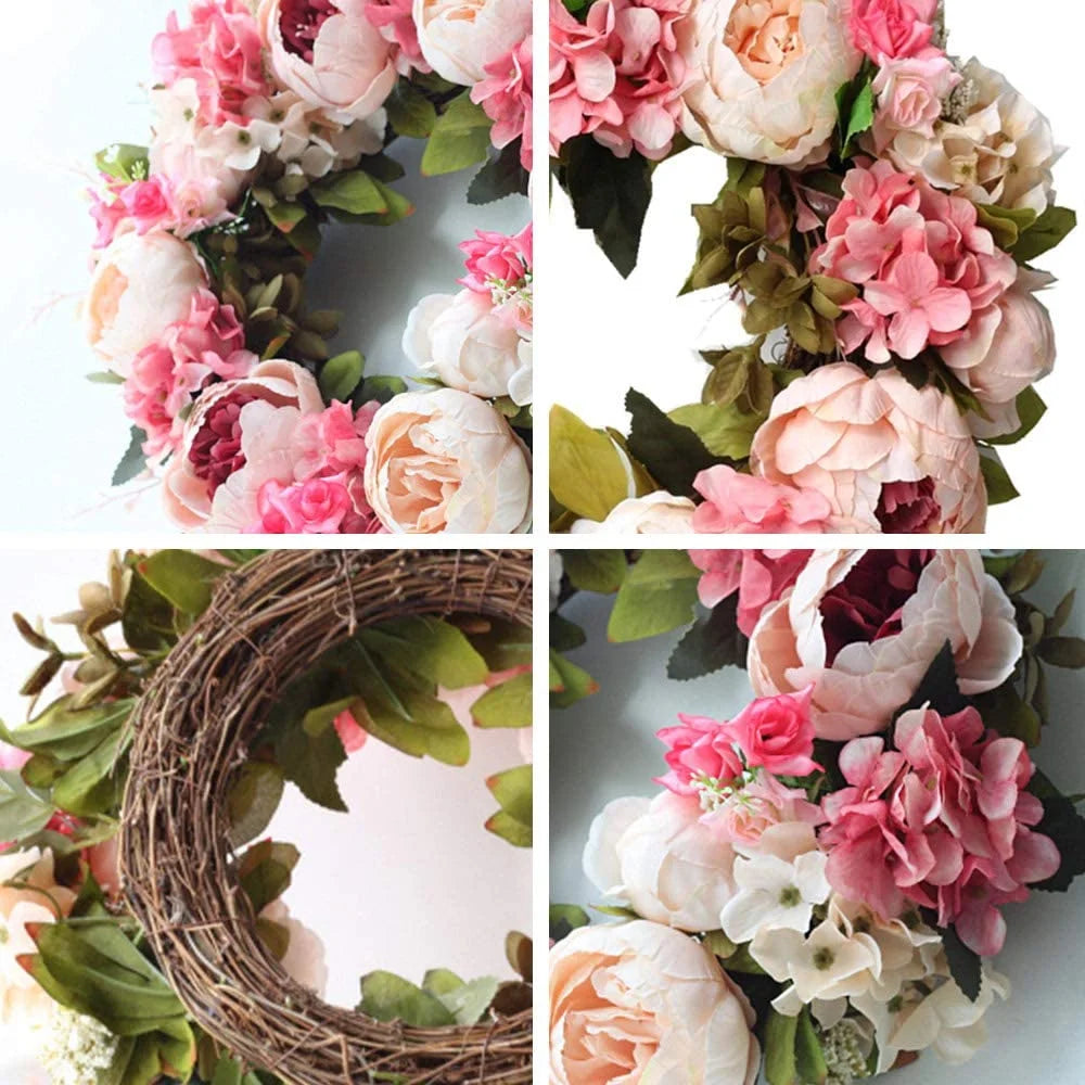 Peony Flower Wreath for Front Door 17" Artificial Spring Fake Flower Wreath for Mother's Day Door Window Wall Decor Women Mother Gift