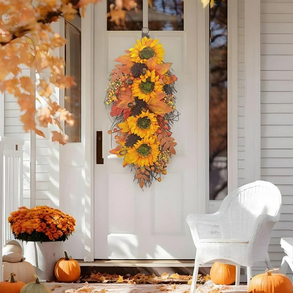 Fall Wreath Door Wreath Fall Swag for Thanksgiving Seasonal Wreath for Front Door 22" Length Swag with Maple, Pine and Orange Sunflower