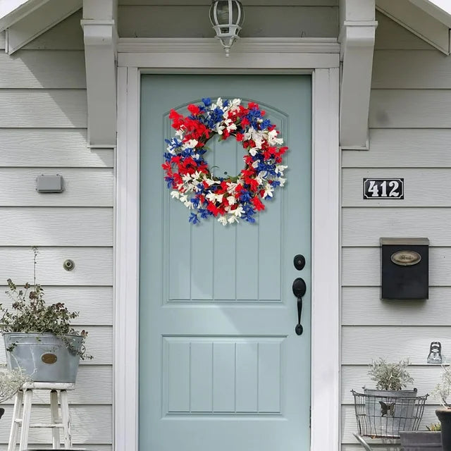 Memorial Day Wreath-20 inch 4th of July Wreath America Patriotic Door Wreath Red White and Blue Berry Forsythia Wreath Handcrafted Summer Front Door Wreath Seasonal Decor