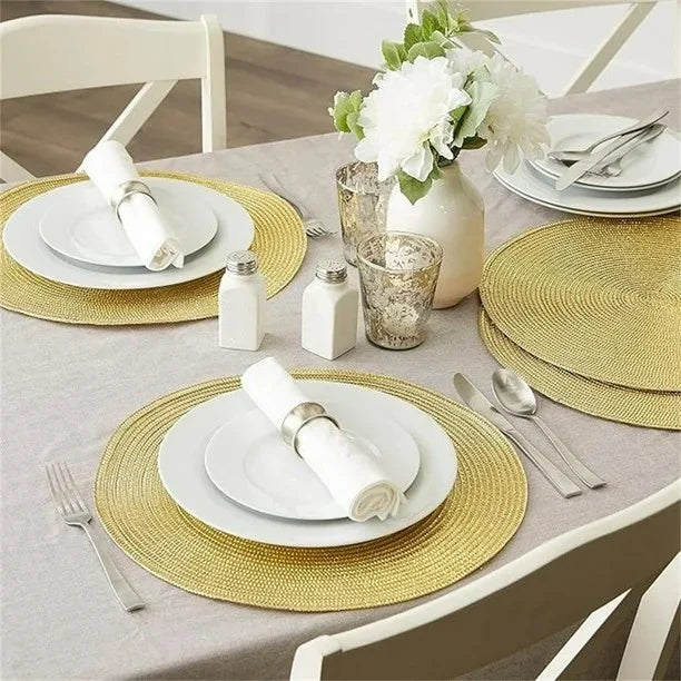 Farship Round Placemats Set of 4, 15 Inches Woven Farmhouse Place Mats Non-Slip Dining Kitchen Table Mats for Dining Room - Gold