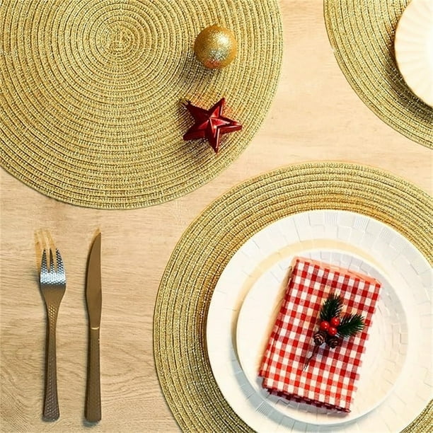 Farship Round Placemats Set of 4, 15 Inches Woven Farmhouse Place Mats Non-Slip Dining Kitchen Table Mats for Dining Room - Gold