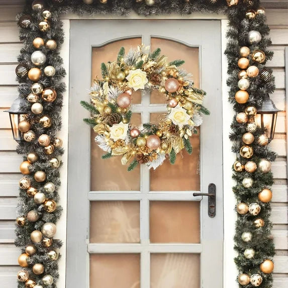 Farship 20'' Christmas Wreaths for Front Door Gold Door Wreath with Light and Ball Ornaments, Christmas Winter Hanging Home Decoration