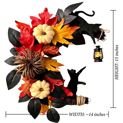 Myecovie Halloween Wreaths Fall Wreath 15 Inch Fall Halloween Half Wreath with Black Cats-Door Wreath with LED Lantern (Batteries Not Included) Autumn Harvest Wreath for Front Door, Wall, Thanksgiving & Hallo