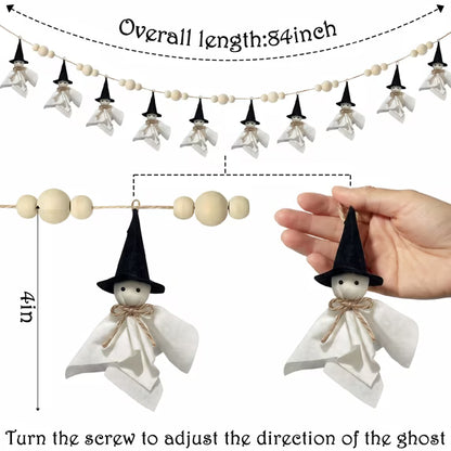 Myecovie 84 Inch Halloween Ghost Banner with Witch Hat, Rustic Wooden Bead Ghost Banner, Halloween Hanging Decor for Fireplace, Mantel, Wall, Party & Home