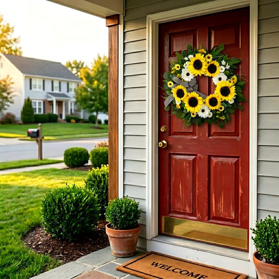 Myecovie Summer Spring Wreaths for Front Door 20 inches Artificial Sunflower Wreath with Daisy Eucalyptus & Striped Bow for Porch Wall Window Decor