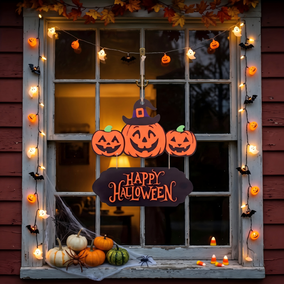 Myecovie Happy Halloween Decoration for Home - 15.7" Halloween Pumpkin Door Sign, ack-o'-Lantern with Witch Hat Wooden Hanging Sign, Farmhouse Halloween Front Door Decoration