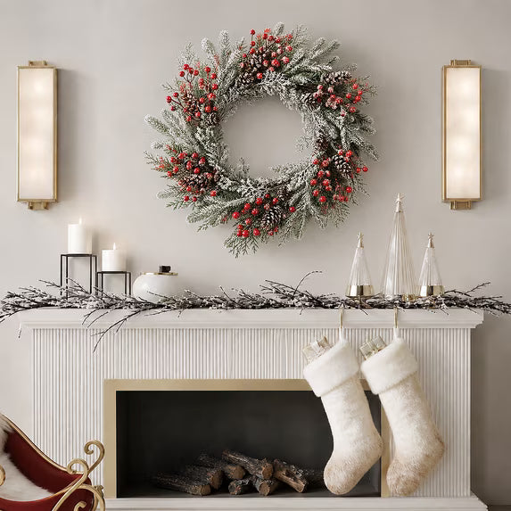 Myecovie 22 Inch Christmas Wreath for Front Door, Frosted Norfolk Pine Wreath with Red Berries & Pine Cones, Winter Wreaths for Wall, Bedroom, Back Door Holiday Decor