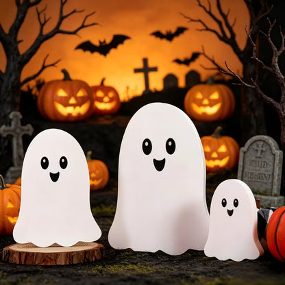 Myecovie Set of 3 Halloween Ghost Tabletop Decor-Cute Wooden Ghost Signs Farmhouse Centerpieces Standing Ghost Figurines for Farmhouse Halloween Indoor Decoration
