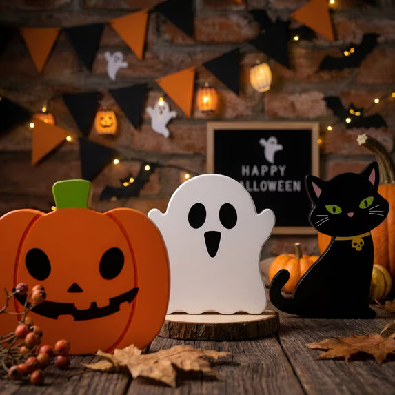 Myecovie Cute Wooden Pumpkin Decoration for Halloween -Set of 3 Halloween Tabletop Decor, Wooden Pumpkin Ghost Black Cat Figurines, Farmhouse Halloween Indoor Decoration for Home, Shelf