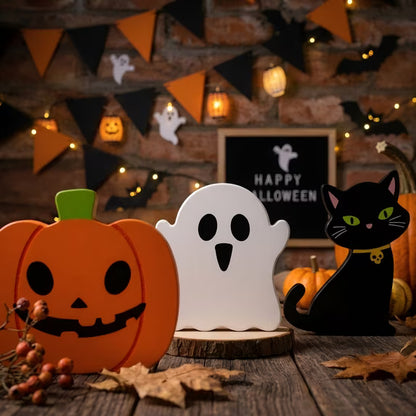 Myecovie Cute Wooden Pumpkin Decoration for Halloween -Set of 3 Halloween Tabletop Decor, Wooden Pumpkin Ghost Black Cat Figurines, Farmhouse Halloween Indoor Decoration for Home, Shelf