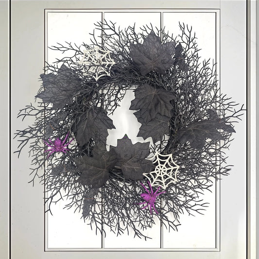 18" Halloween Wreath for Front Door Halloween Indoor Home Decorations Door Wreaths with Black Maples and Bat