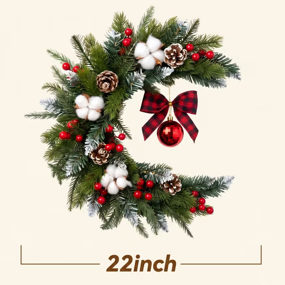 Myecovie 22" Christmas Wreath for Front Door Half Wreaths with Red Berries Flocked Pinecones, Cotton Bolls & Ornament Bow, Artificial Winter Floral Wall Decor for Christmas