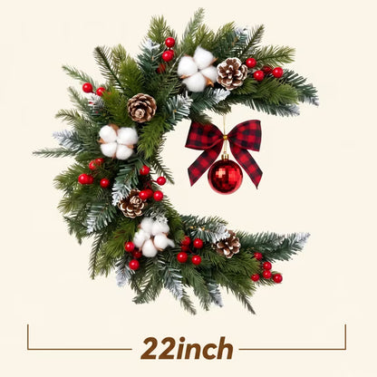 Myecovie 22" Christmas Wreath for Front Door Half Wreaths with Red Berries Flocked Pinecones, Cotton Bolls & Ornament Bow, Artificial Winter Floral Wall Decor for Christmas