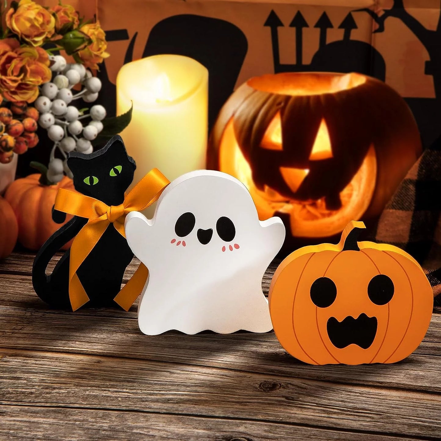 Farship Halloween Tiered Tray Decorations Cute Ghost Pumpkin Blocks Signs Set of 3