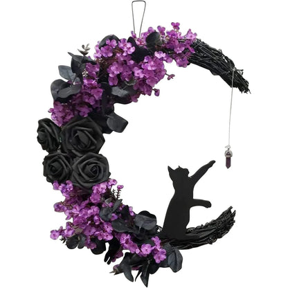 Farship 14" Halloween Moon Wreath with Mini Black Cat Grapevine Wreath