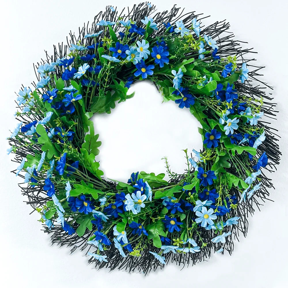 Farship Spring Wreath 18" Artificial Wildflower Wreaths for Front Door Indoor Outdoor Home Decor with Blue Green Leaves