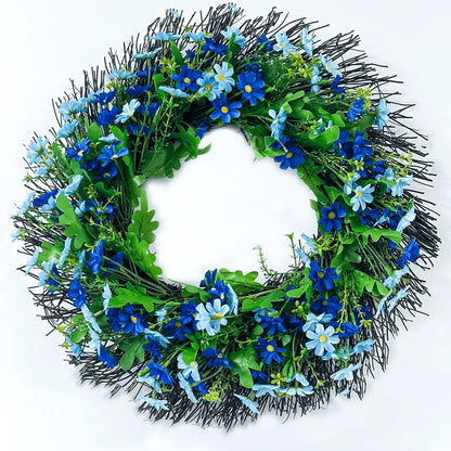 Farship Spring Wreath 18" Artificial Wildflower Wreaths for Front Door Indoor Outdoor Home Decor with Blue Green Leaves