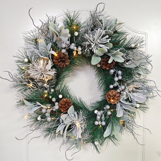 Farship 20In Pre-lit Christmas Wreaths for Front Door Winter Wreath Artificial Xmas Outdoor Decoration for Christmas Door Wreath for Window Wall Decor