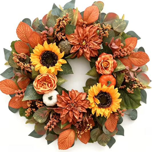 Myecovie 21.6 Inch Fall Wreath for Front Door, Artificial Autumn Sunflower Wreath with Pumpkins, Dahlias, Roses & Eucalyptus, Thanksgiving Wreath for Home Porch Wall Indoor Outdoor Decor
