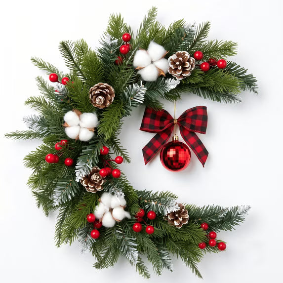 Myecovie 22" Christmas Wreath for Front Door Half Wreaths with Red Berries Flocked Pinecones, Cotton Bolls & Ornament Bow, Artificial Winter Floral Wall Decor for Christmas