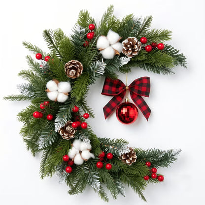 Myecovie 22" Christmas Wreath for Front Door Half Wreaths with Red Berries Flocked Pinecones, Cotton Bolls & Ornament Bow, Artificial Winter Floral Wall Decor for Christmas