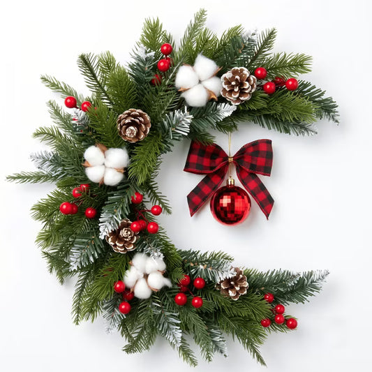 Myecovie 22" Christmas Wreath for Front Door Half Wreaths with Red Berries Flocked Pinecones, Cotton Bolls & Ornament Bow, Artificial Winter Floral Wall Decor for Christmas