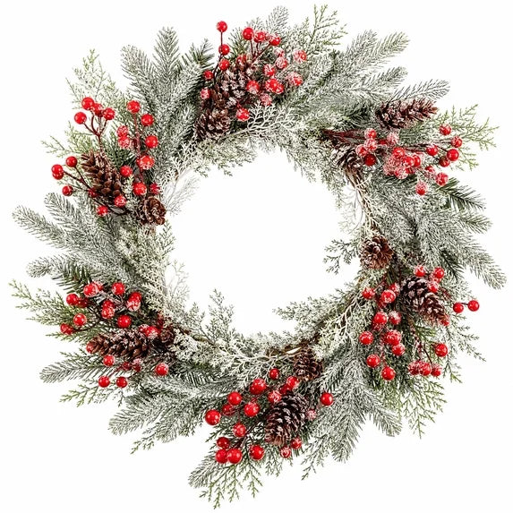 Myecovie 22 Inch Christmas Wreath for Front Door, Frosted Norfolk Pine Wreath with Red Berries & Pine Cones, Winter Wreaths for Wall, Bedroom, Back Door Holiday Decor