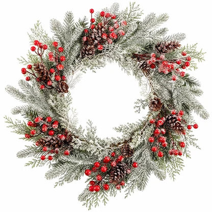Myecovie 22 Inch Christmas Wreath for Front Door, Frosted Norfolk Pine Wreath with Red Berries & Pine Cones, Winter Wreaths for Wall, Bedroom, Back Door Holiday Decor