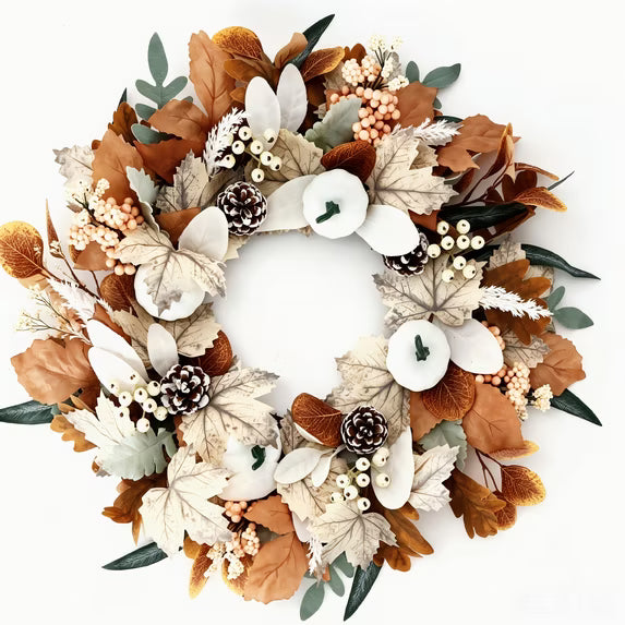 Myecovie 22 Inch Fall Wreath for Front Door Artificial Autumn Wreath with White Pumpkins, Pinecones & Berries, Farmhouse Thanksgiving Wreath for Indoor Outdoor Decor