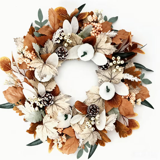 Myecovie 22 Inch Fall Wreath for Front Door Artificial Autumn Wreath with White Pumpkins, Pinecones & Berries, Farmhouse Thanksgiving Wreath for Indoor Outdoor Decor
