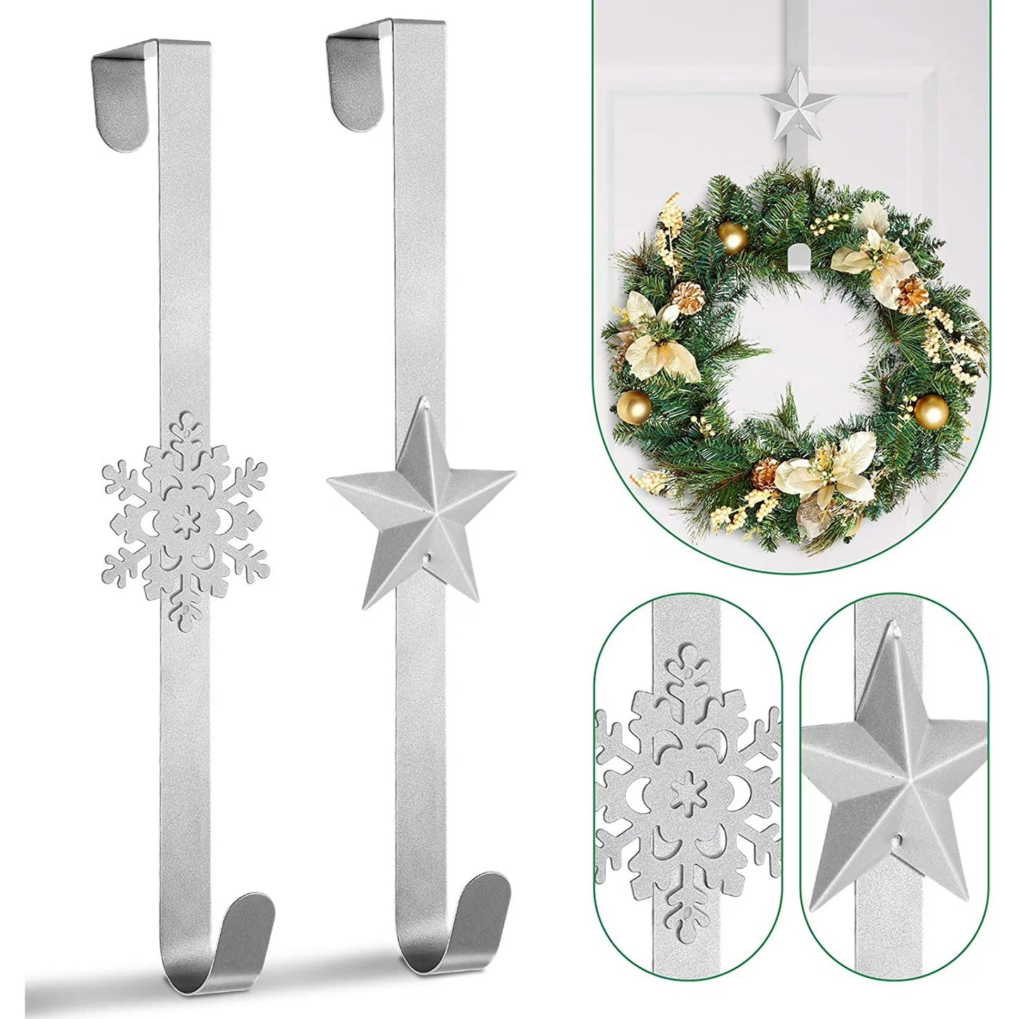 Farship 2Pc Wreath Hanger Christmas Wreath Holders Over the Door Metal Wreath Hook Star Snowflake Hook for Front Door Xmas Party Decor Door Wall Home Office, Silver, 15in