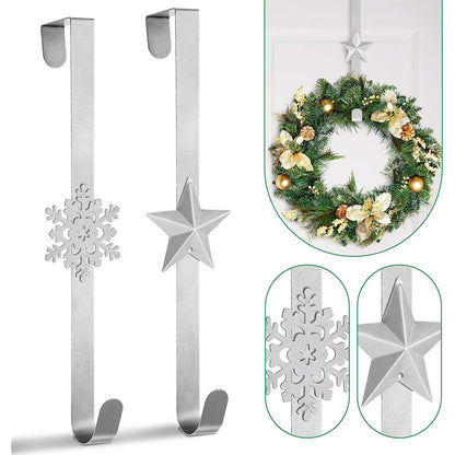 Farship 2Pc Wreath Hanger Christmas Wreath Holders Over the Door Metal Wreath Hook Star Snowflake Hook for Front Door Xmas Party Decor Door Wall Home Office, Silver, 15in