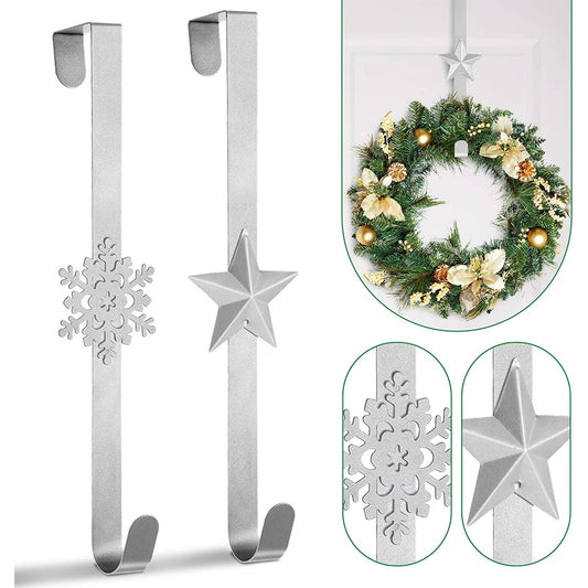 Farship 2Pc Wreath Hanger Christmas Wreath Holders Over the Door Metal Wreath Hook Star Snowflake Hook for Front Door Xmas Party Decor Door Wall Home Office, Silver, 15in