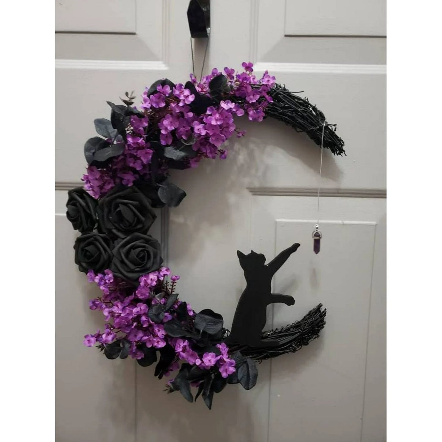 Farship 14" Halloween Moon Wreath with Mini Black Cat Grapevine Wreath